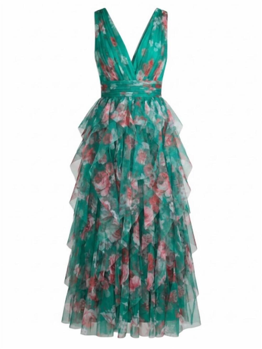 NEW MINUET women's v-neck mesh layered dress in green multi
